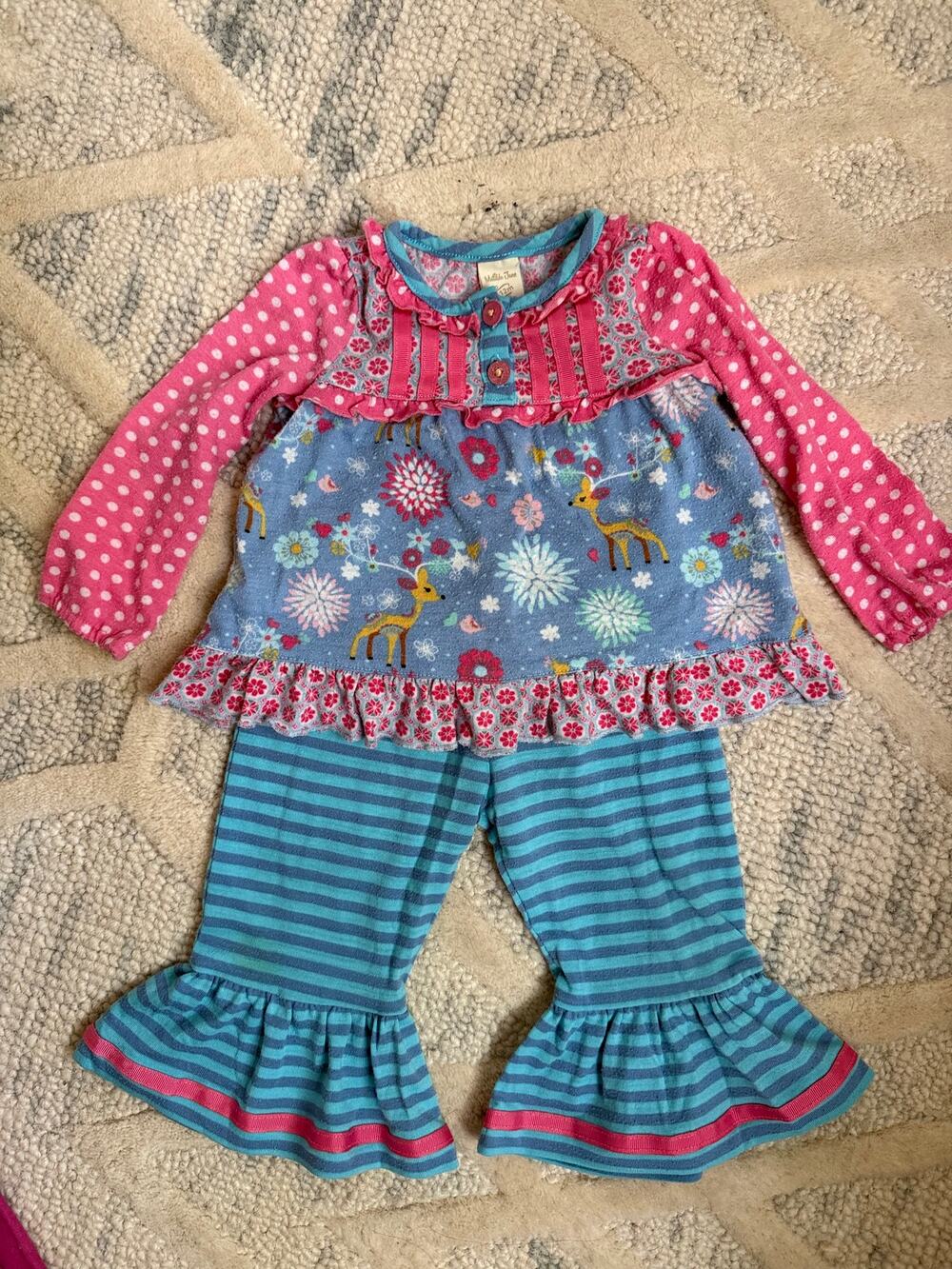 Matilda Jane Deer Floral Ruffle Tunic Bell Bottom Pants Set 6-12 Months